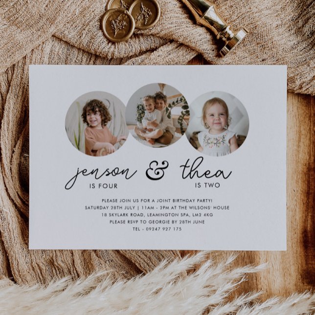 Gemensamma födelsedagsbilder 3-runda foton inbjudningar (Zazzle Joint Birthday 3 Round Photos Invitation)