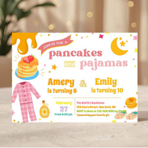 Gemensamma pannkakor och pyjamas födelsedag syskon inbjudningar