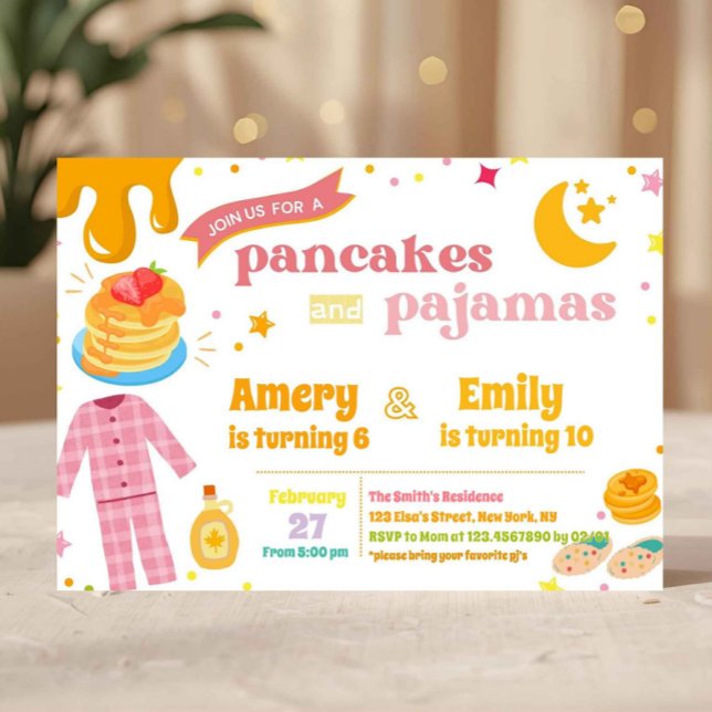 Gemensamma pannkakor och pyjamas födelsedag syskon inbjudningar (pancakes and pajamas invite, sleepover birthday invitation, pajama party invite, kids sleepover invi)