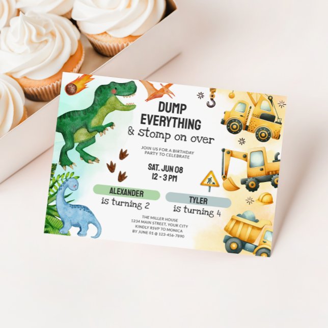 Gemensamt dinosaur & Construction Syskon Birthday Inbjudningar (Joint Dinosaur & Constructions Birthday Invite)