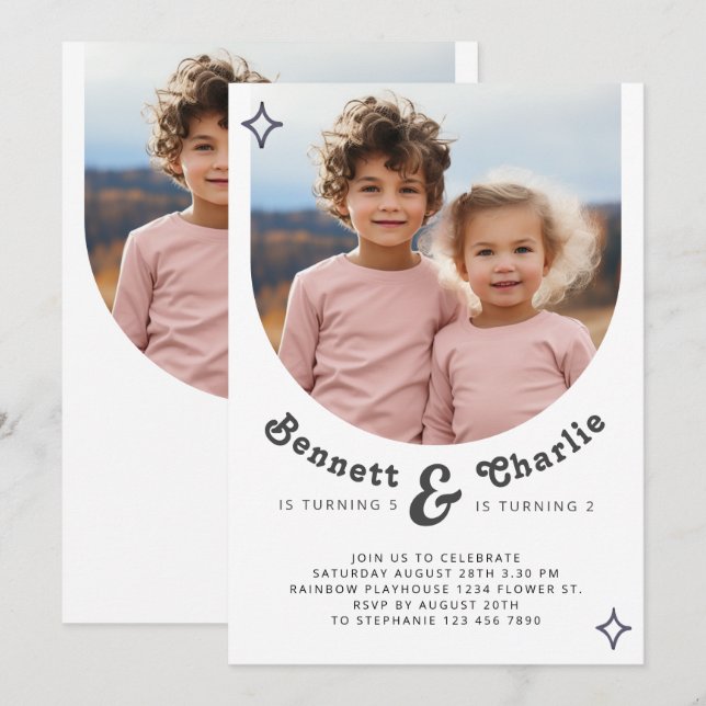 Gemensamt Syskon Porträtt-fotominimal Boho-födelse Inbjudningar (Fram/baksida)