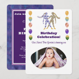 Gemini 1-års födelsedagsfoto Impressionist Guld Inbjudningar