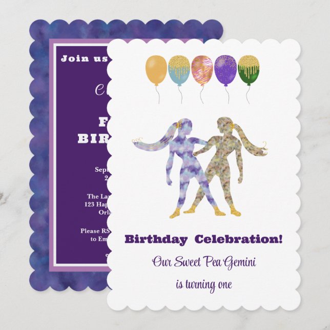 Gemini 1st Birthday Impressionist Gold Glitter Inbjudningar (Fram/baksida)