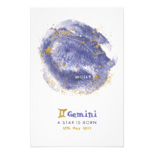 Gemini Baby Namn Zodiac Starry Nursery Poster