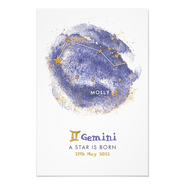 Gemini Baby Namn Zodiac Starry Nursery Poster (Framsidan)