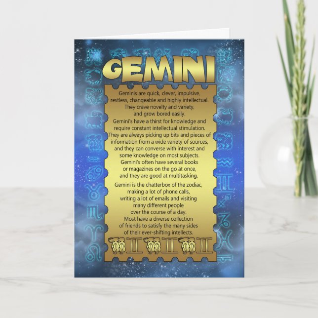 Gemini Birthday Card - Zodiac Birthday Card - Gemi Kort (Framsida)