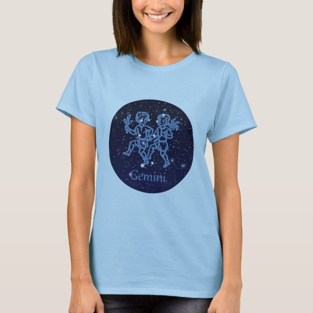 Gemini Constellation and Zodiac Sign with Stars Tee Shirt (Framsida)