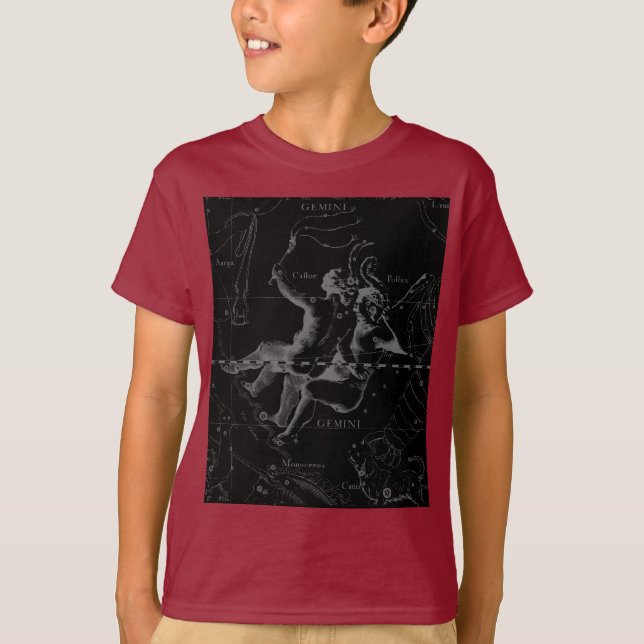 Gemini Constellation Hevelius 1690 on Black Tee Shirt (Framsida)