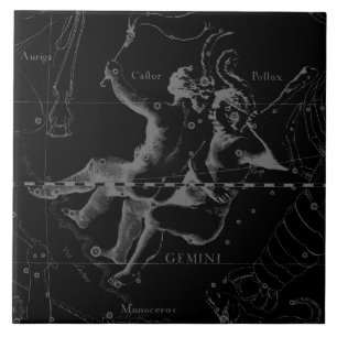 Gemini Constellation Karta Hevelius 1690 on Black Kakelplatta