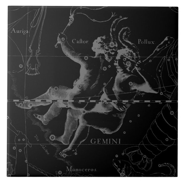 Gemini Constellation Karta Hevelius 1690 on Black Kakelplatta (Framsidan)