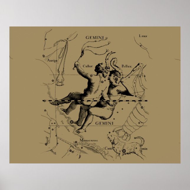 Gemini Constellation Karta Hevelius circa 1690 Poster (Framsidan)