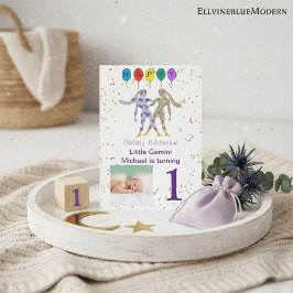 Gemini First Birthday Guld, Balloons & Photo Inbjudningar