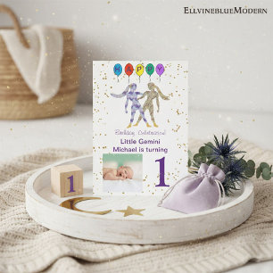 Gemini First Birthday Guld, Balloons & Photo Inbjudningar