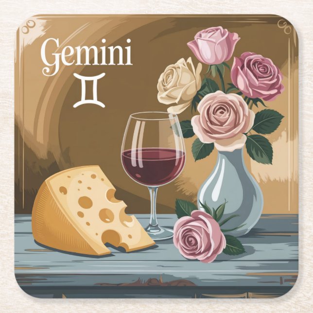 Gemini Flowers Vin Cheese Underlägg Set Papper Kvadrat (Framsidan)