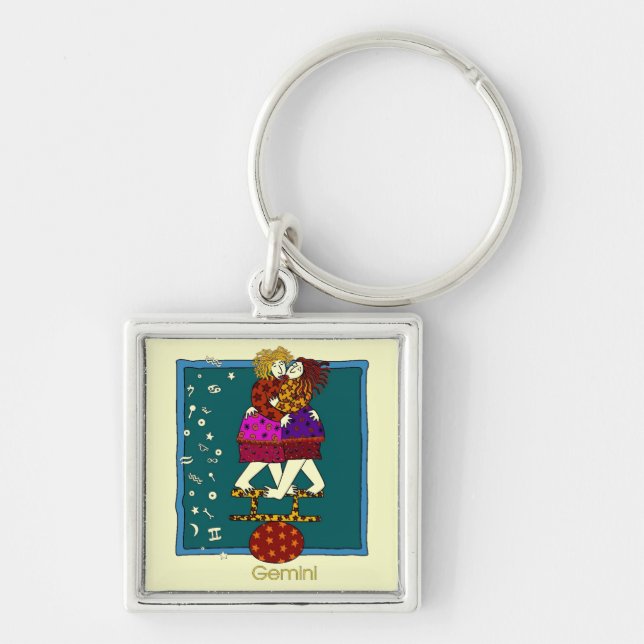 Gemini Fyrkantig Silverfärgad Nyckelring (Framsidan)