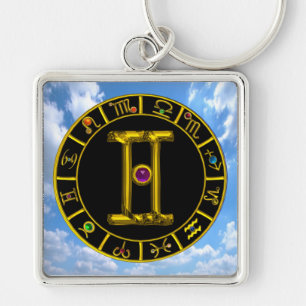 GEMINI GULD ZODIAC BIRTHDAY JEWEL Astrology Diagra Fyrkantig Silverfärgad Nyckelring
