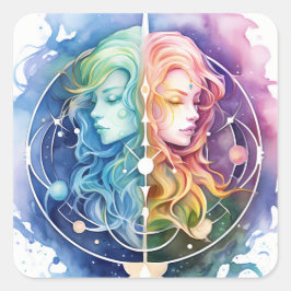 Gemini Horoscope Symbol för Twillingarna Watercolo Fyrkantigt Klistermärke