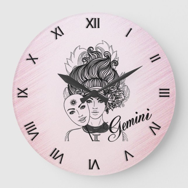 Gemini Mask Dam Zodiac Roman Numerals Rosa Stor Klocka (Framsida)