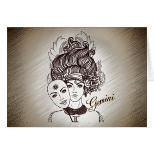 Gemini Mask Dam Zodiac Rustic Hälsningskort