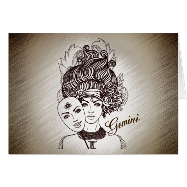 Gemini Mask Dam Zodiac Rustic Hälsningskort (Framsidan Horizontal)