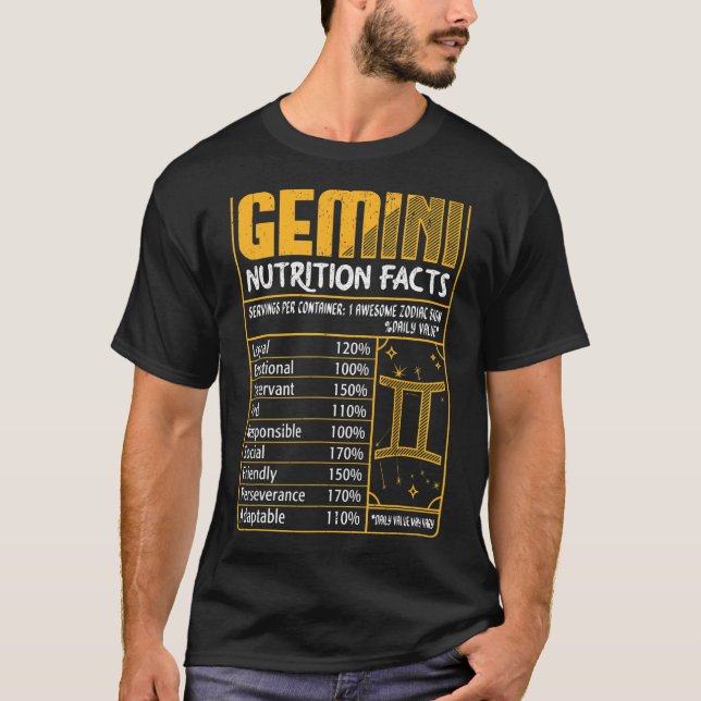 Gemini Nutrition Facts Zodiac Sign Birthday Month T Shirt (Framsida)