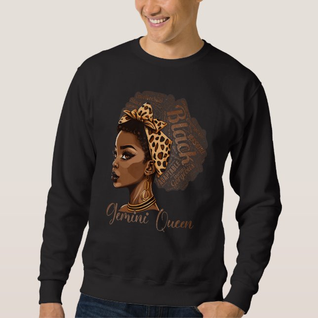 Gemini Queen Leopard Afro Melanin Zodiac Horoscope Lång Ärmad Tröja (Framsida)