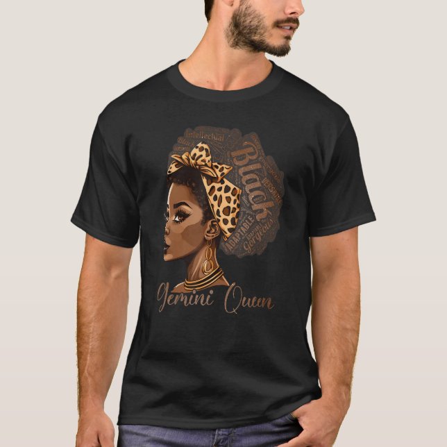 Gemini Queen Leopard Afro Melanin Zodiac Horoscope T Shirt (Framsida)