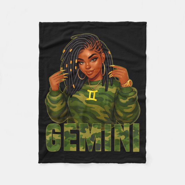 Gemini Queen Loc'd Black Woman Camo Zodiac Sign  Fleecefilt (Framsidan)