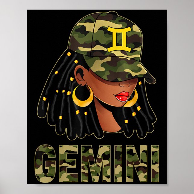 Gemini Queen Loc'd Hair Black Woman Camo Cap Zodia Poster (Framsidan)