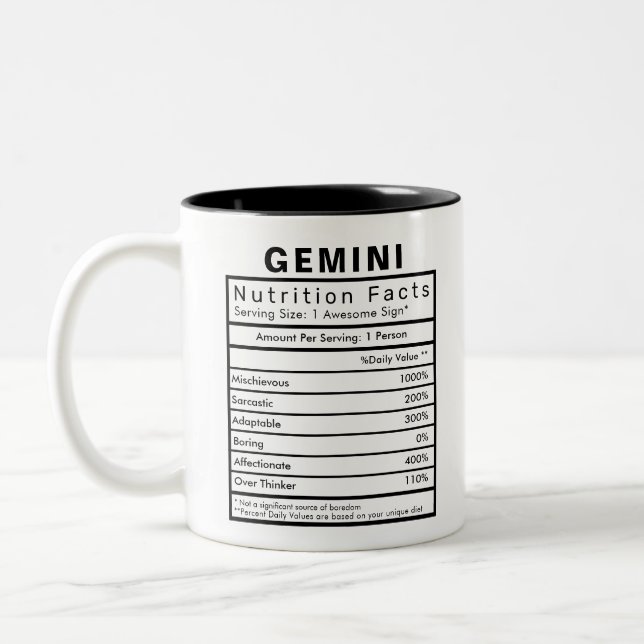 Gemini Stjärntecken Nutrition Facts Statistics Två-Tonad Mugg (Vänster)
