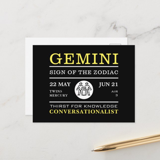 Gemini-tecken på Zodiac, Astrological Vykort (Fram/Back In Situ)