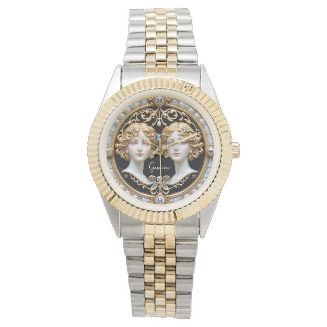 Gemini Twillingar, Pearl och Guld Personlig Armbandsur (Framsida)