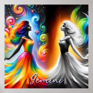 Gemini Twillingarna Färg & Black och White Horosco Poster
