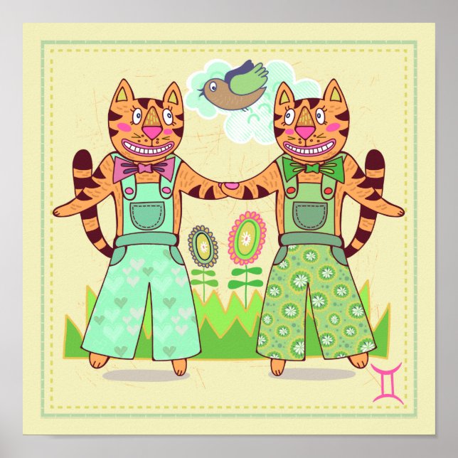 Gemini Twillingars Cat Zodiac Nursery Print Poster (Framsidan)