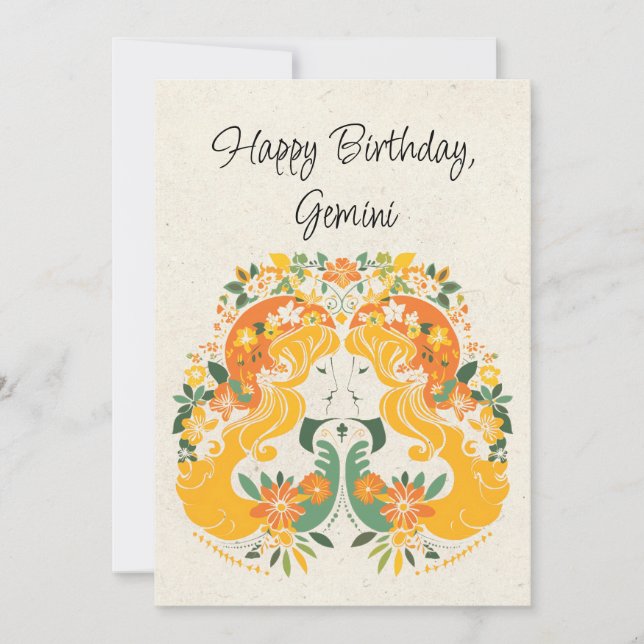 Gemini Twillingars Zodiac Blommigt Birthday Flata  (Framsida)
