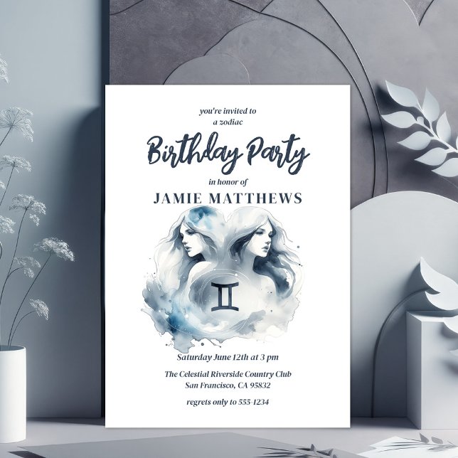 Gemini Twillingars Zodiac Sign Thned Födelsedagsfe Inbjudningar (Gemini Zodiac-Themed Party Suite - Coordinate Every Detail from Invites to Gifts and Decor!)
