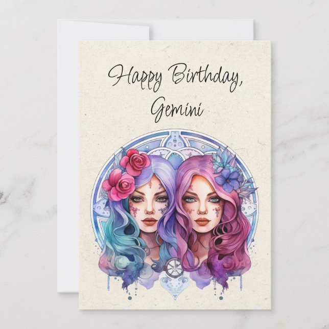 Gemini Twillingars Zodiac Watercolor Birthday Flat (Framsida)