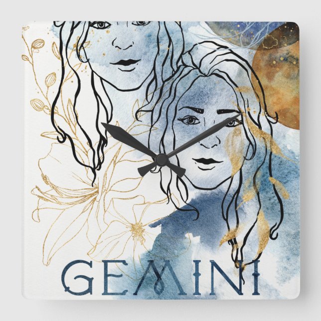 Gemini twins birthday zodiac astrology blue gold fyrkantig klocka (Framsida)