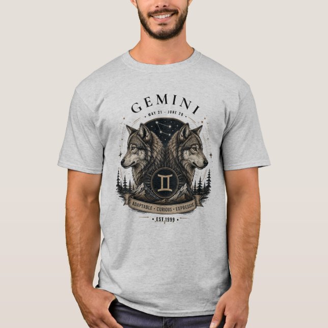 Gemini Wolf Zodiac Herr T-Shirt (Framsida)