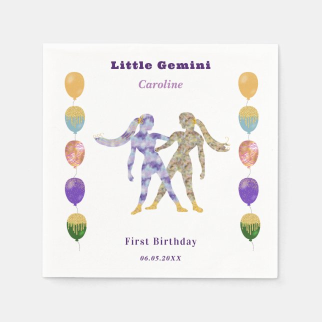 Gemini Zodiac 1-års födelsedagsballonger & konstnä Pappersservett (Framsidan)