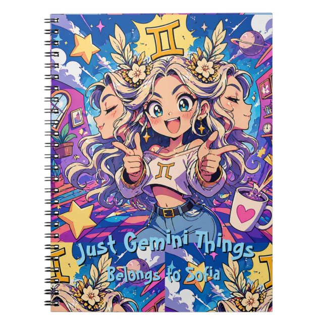 Gemini Zodiac Anime Girl Aesthetic Journal Anteckningsbok (Framsidan)