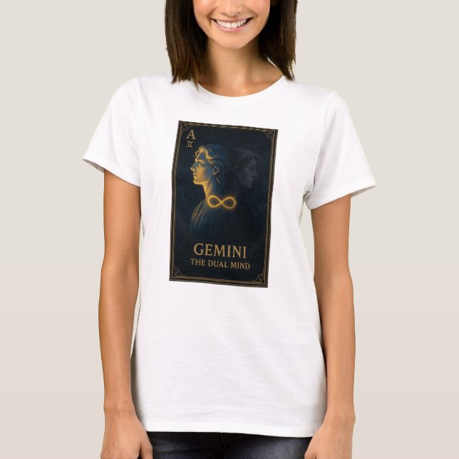 Gemini Zodiac Art – Celestial Twins and Duality T Shirt (Framsida)