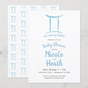 Gemini Zodiac Astrologi Blå Maj Juni Baby Shower Inbjudningar