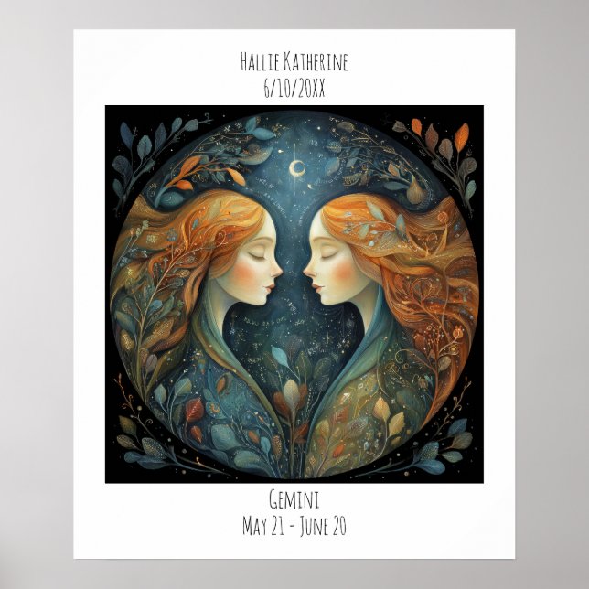 Gemini Zodiac Astrologi Namn & Födelsedag Poster (Framsidan)