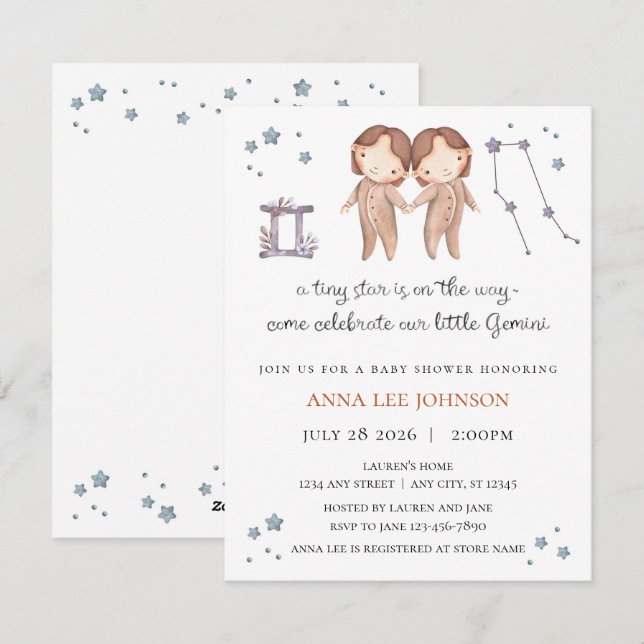 Gemini Zodiac Baby Shower Invitation Julkort (Fram/baksida)