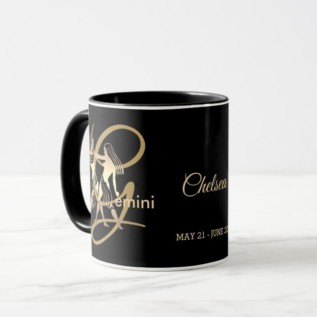 Gemini ♊ Zodiac Birthday Sign / Black and Guld Mugg (Framsida vänster)