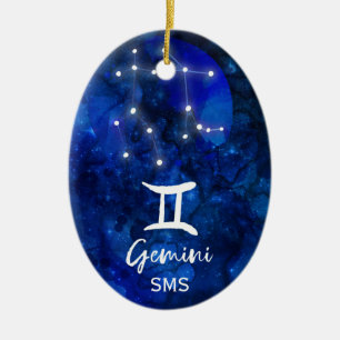 Gemini Zodiac Constellation Blue Galaxy Monogram Julgransprydnad Keramik