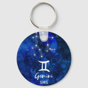 Gemini Zodiac Constellation Blue Galaxy Monogram Nyckelring