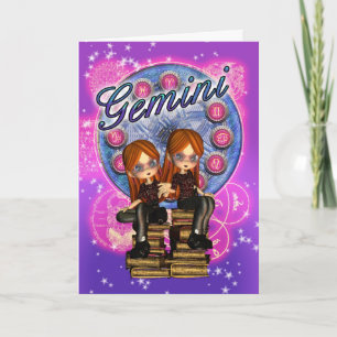 Gemini Zodiac Cute Card med dubbla flickor på gamm Kort