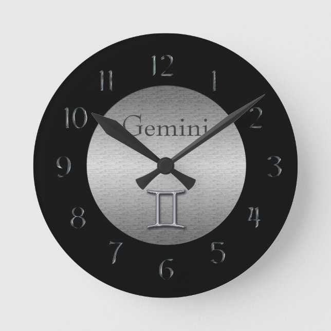 Gemini Zodiac-Faux Brushed Silver/Black Rund Klocka (Framsida)